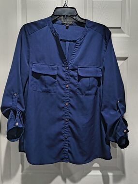 Love Culture Navy Button-Front Shirt with Chest Flap Pockets, Large
